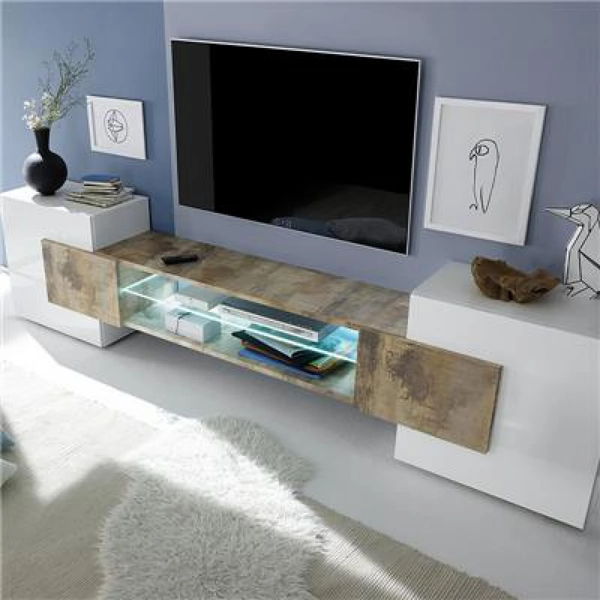 Meuble Tv Design Blanc Et Couleur Bois LUXOR 3