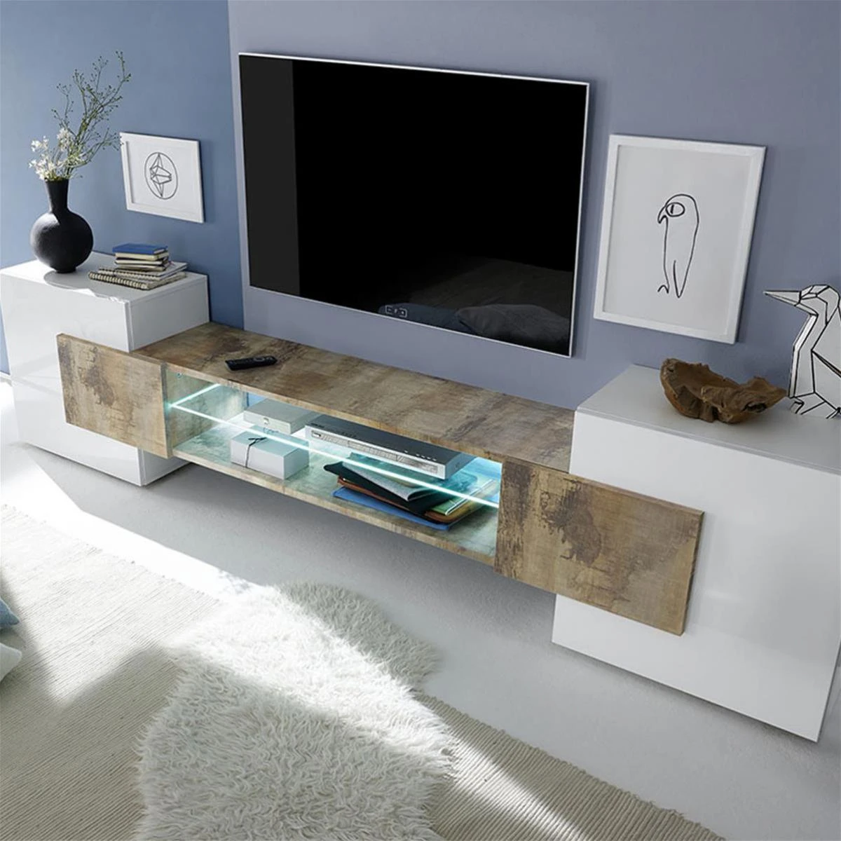 Meuble Tv Design Blanc Et Couleur Bois LUXOR 3 – Image 2