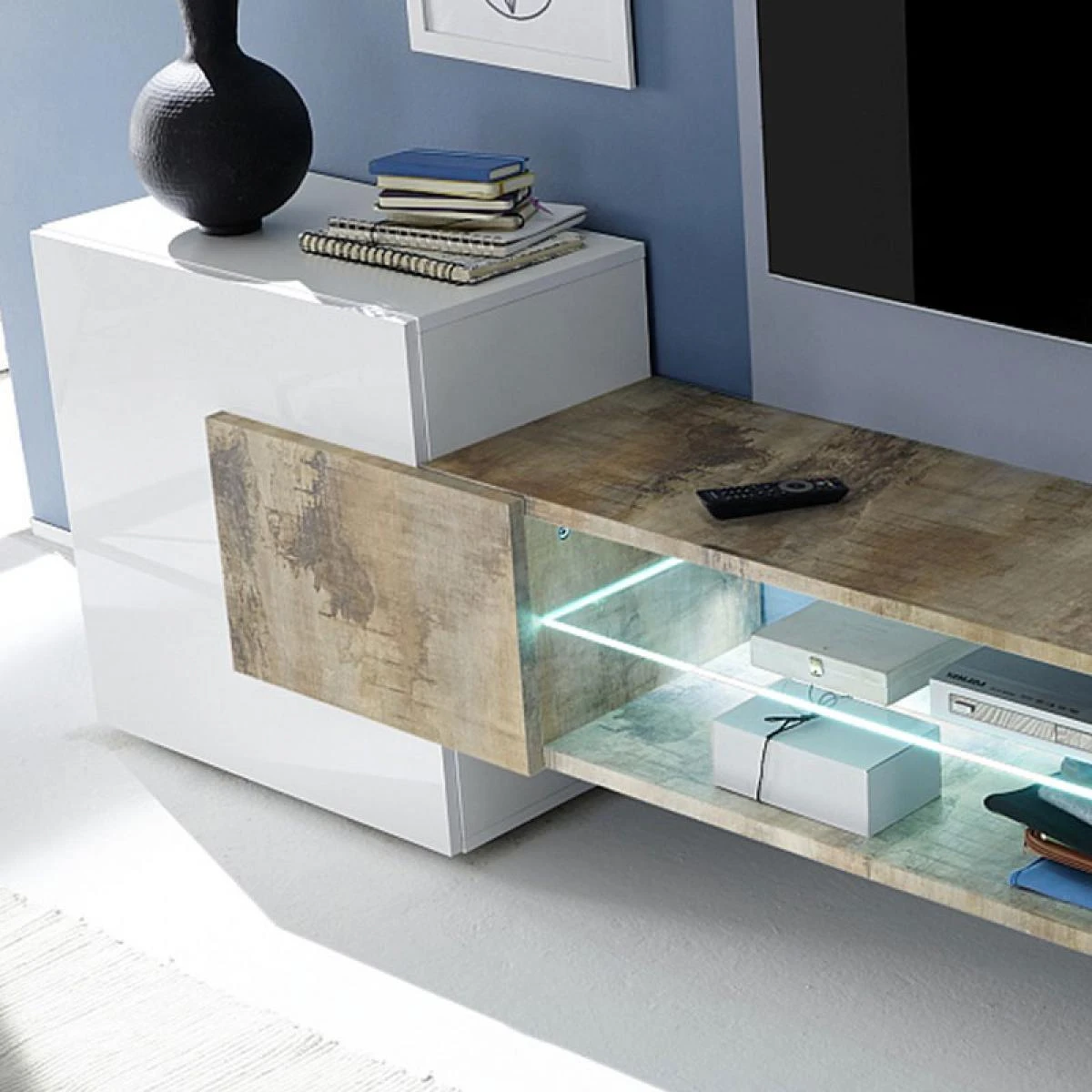 Meuble Tv Design Blanc Et Couleur Bois LUXOR 3 – Image 3