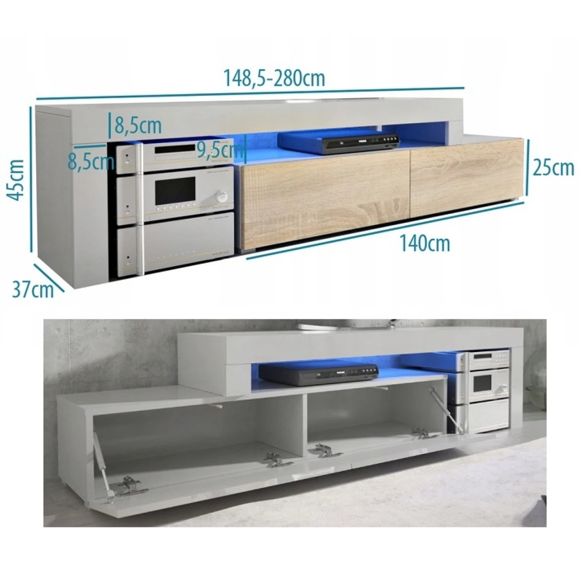 MEUBLE TV FLEX LAQUE BM/NL - EXTENSIBLE OU ANGLE 148 à 280 Cm LED RGB – Image 4