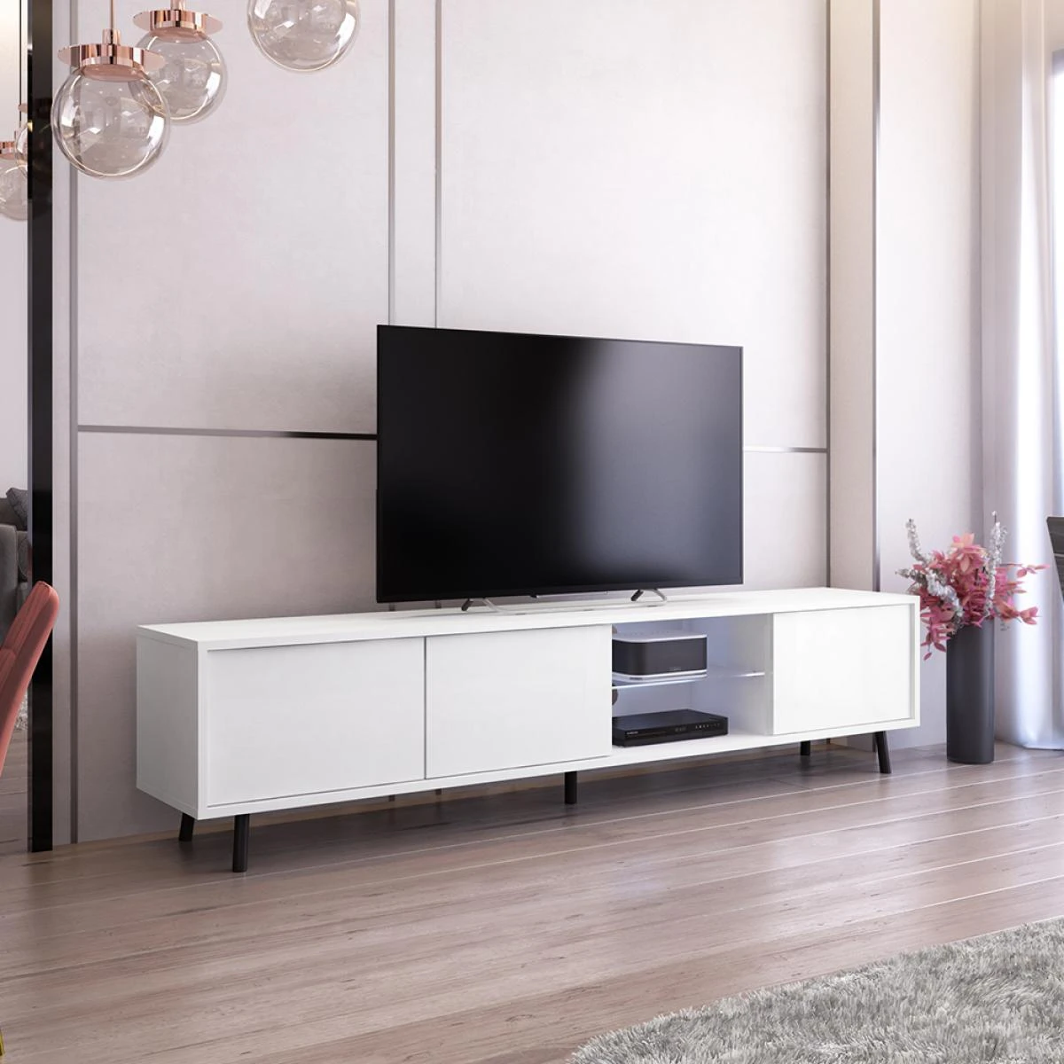 Meuble Tv - GALHAD - 175 Cm - Blanc Mat / Blanc Brillant - éclairage...