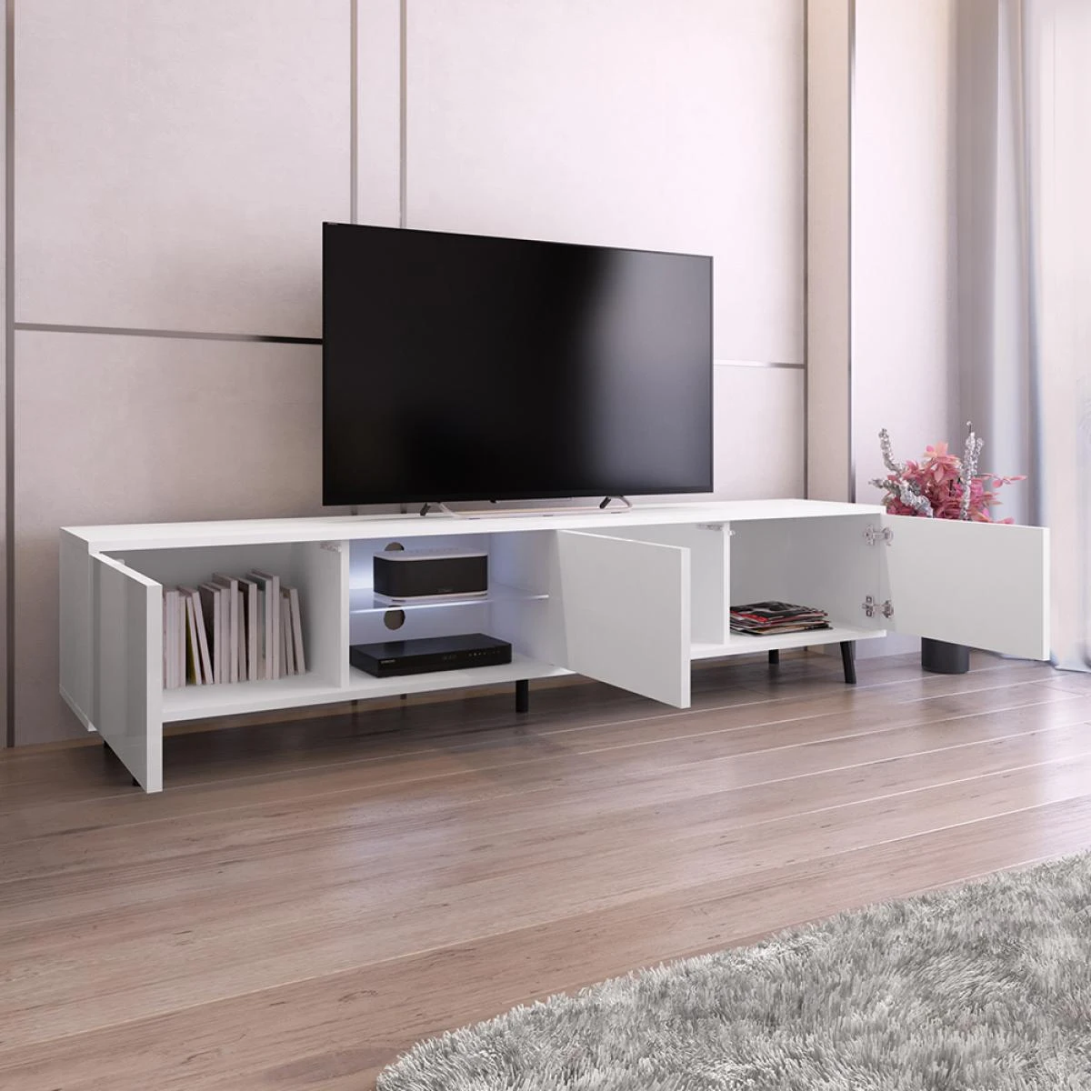 Meuble Tv - GALHAD - 175 Cm - Blanc Mat / Blanc Brillant - éclairage... – Image 2