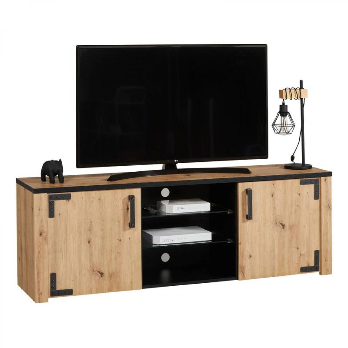 Meuble TV LAZIO Noir/ Imitation ChĂȘne â Image 2
