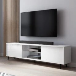 Meuble Tv - LEFYR - 140 Cm - Blanc Mat / Blanc Brillant - éclairage L...