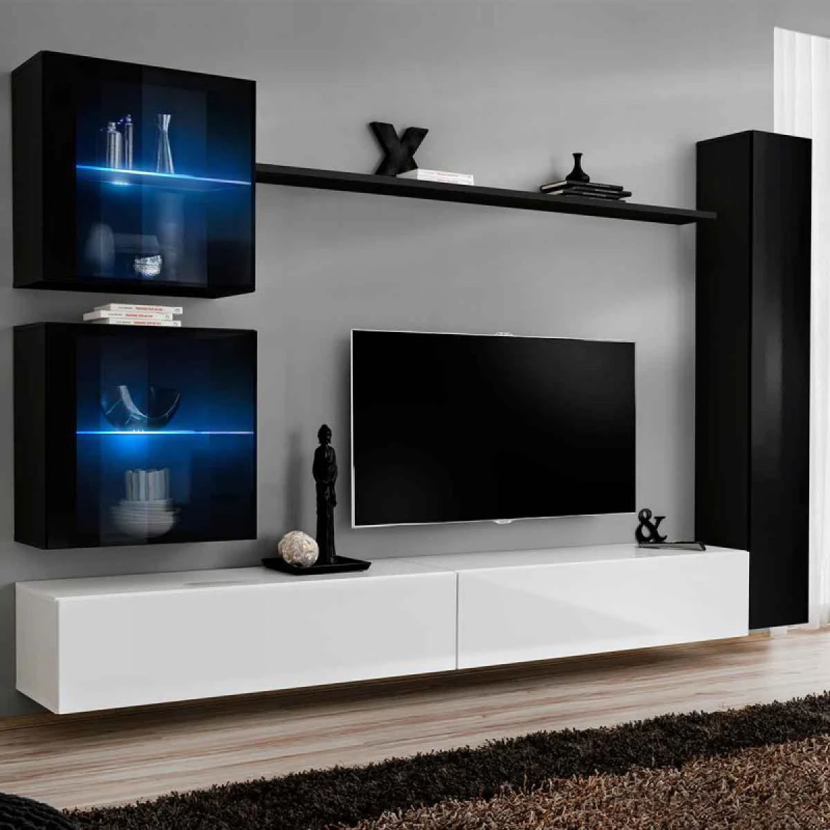 Meuble TV Mural Design Switch XVIII 280cm Blanc & Noir