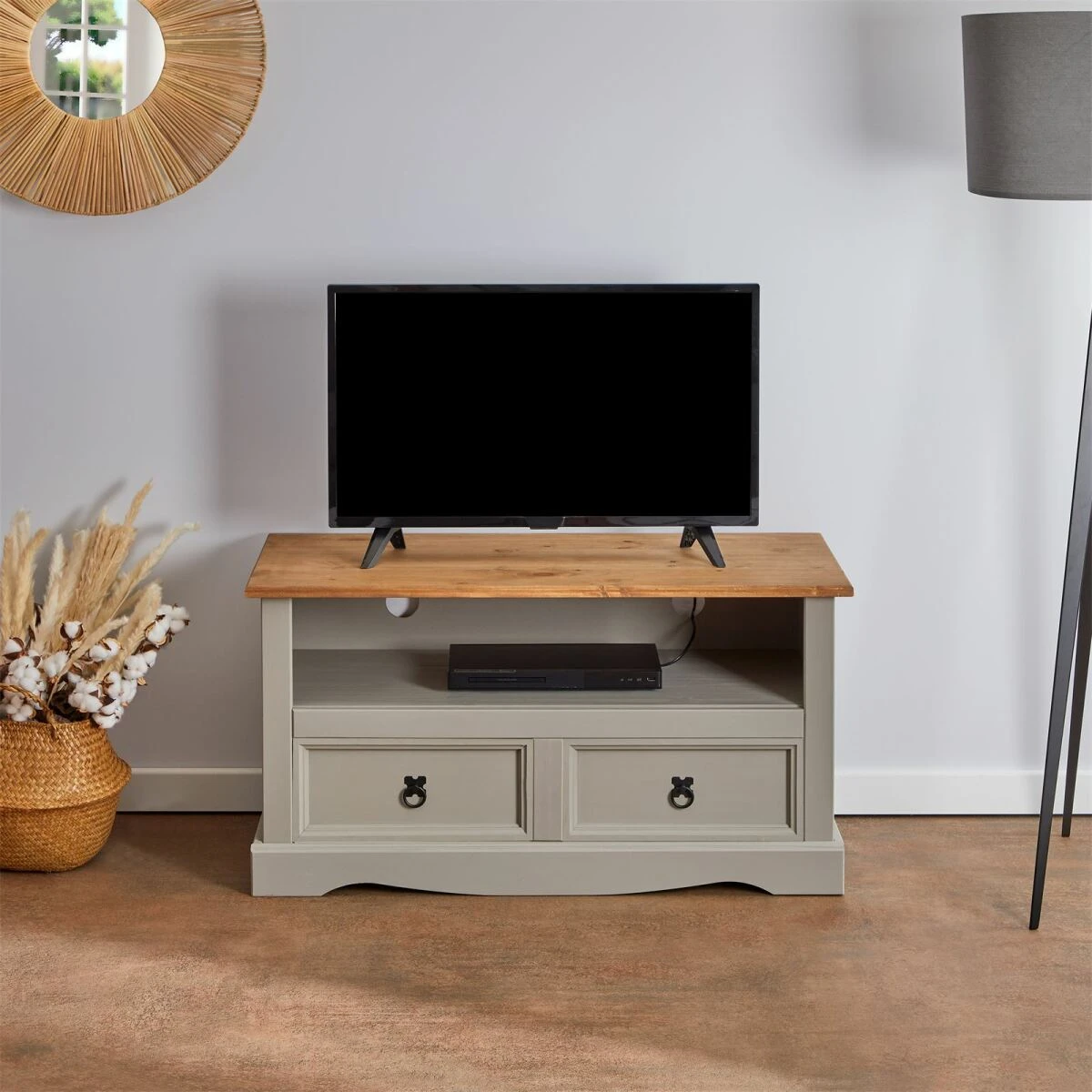 Meuble TV RAMON Avec 2 Tiroirs, Style Mexicain En Pin Massif Gris Et B... – Image 2