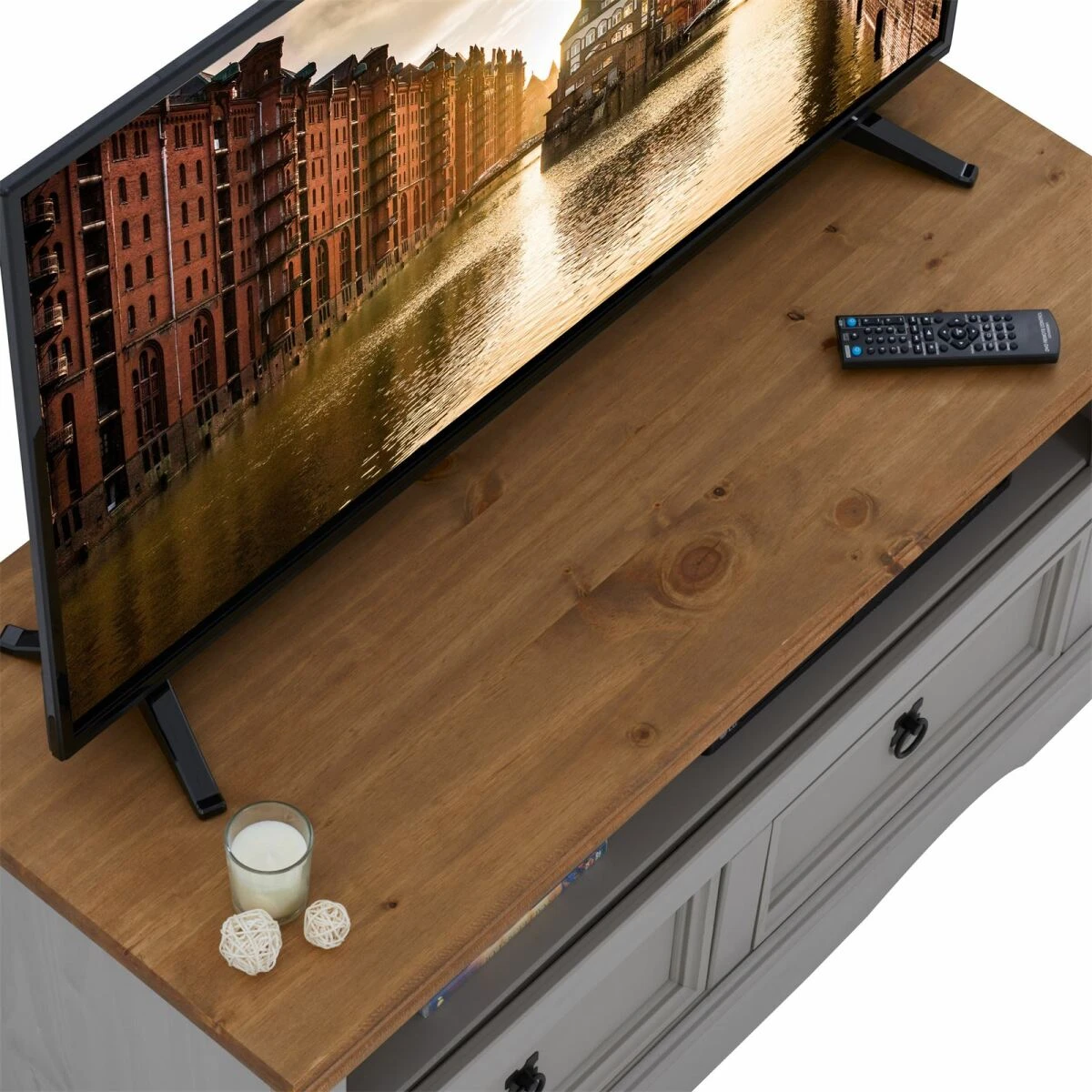 Meuble TV RAMON Avec 2 Tiroirs, Style Mexicain En Pin Massif Gris Et B... – Image 5