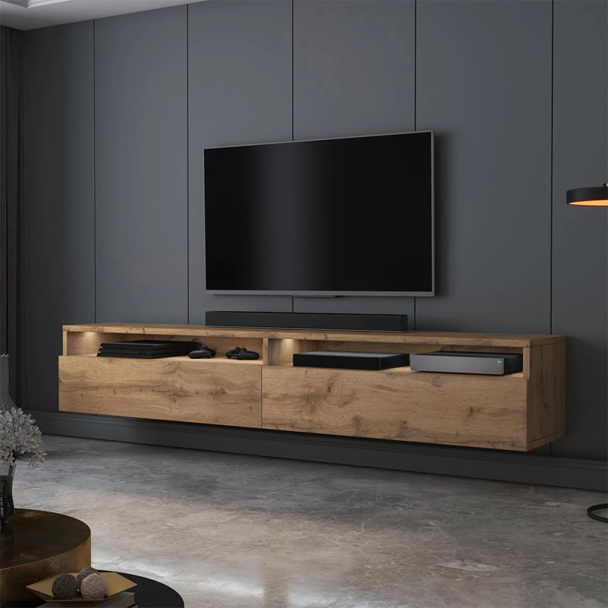Meuble TV - REDNAW - 180 Cm - ChĂȘne Wotan - Avec LED