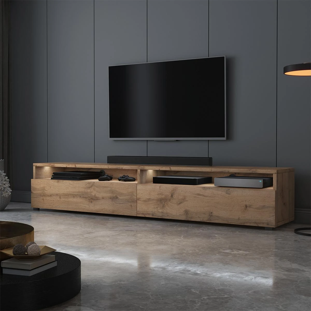 Meuble TV - REDNAW - 180 Cm - ChĂȘne Wotan - Avec LED â Image 2
