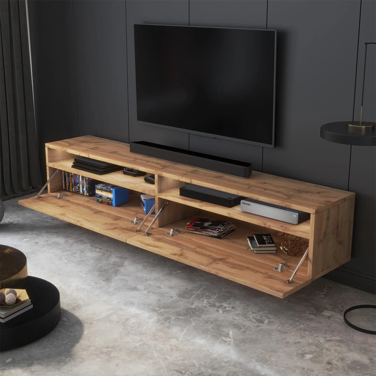 Meuble TV - REDNAW - 180 Cm - ChĂȘne Wotan - Avec LED â Image 3