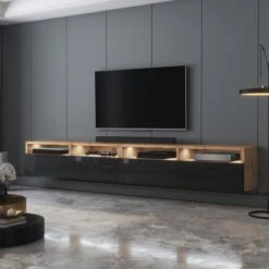 Meuble TV - REDNAW - 200 Cm - Chêne Wotan / Noir Brillant - Avec LED