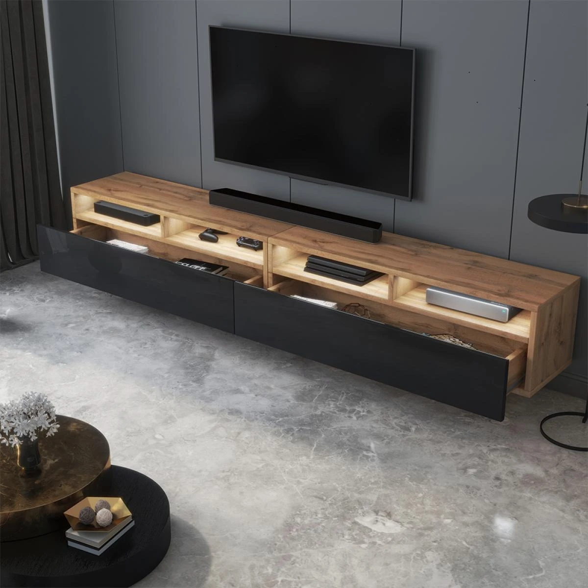 Meuble TV - REDNAW - 200 Cm - ChĂȘne Wotan / Noir Brillant - Avec LED â Image 3