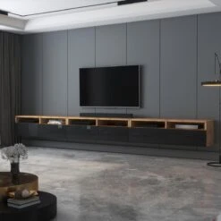 Meuble TV - REDNAW - 300 Cm - Chêne Wotan / Noir Brillant