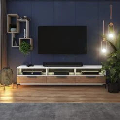Meuble Tv - RIKKE - 160 Cm - Blanc Mat / Chêne Wotan - Avec LED à Pi...
