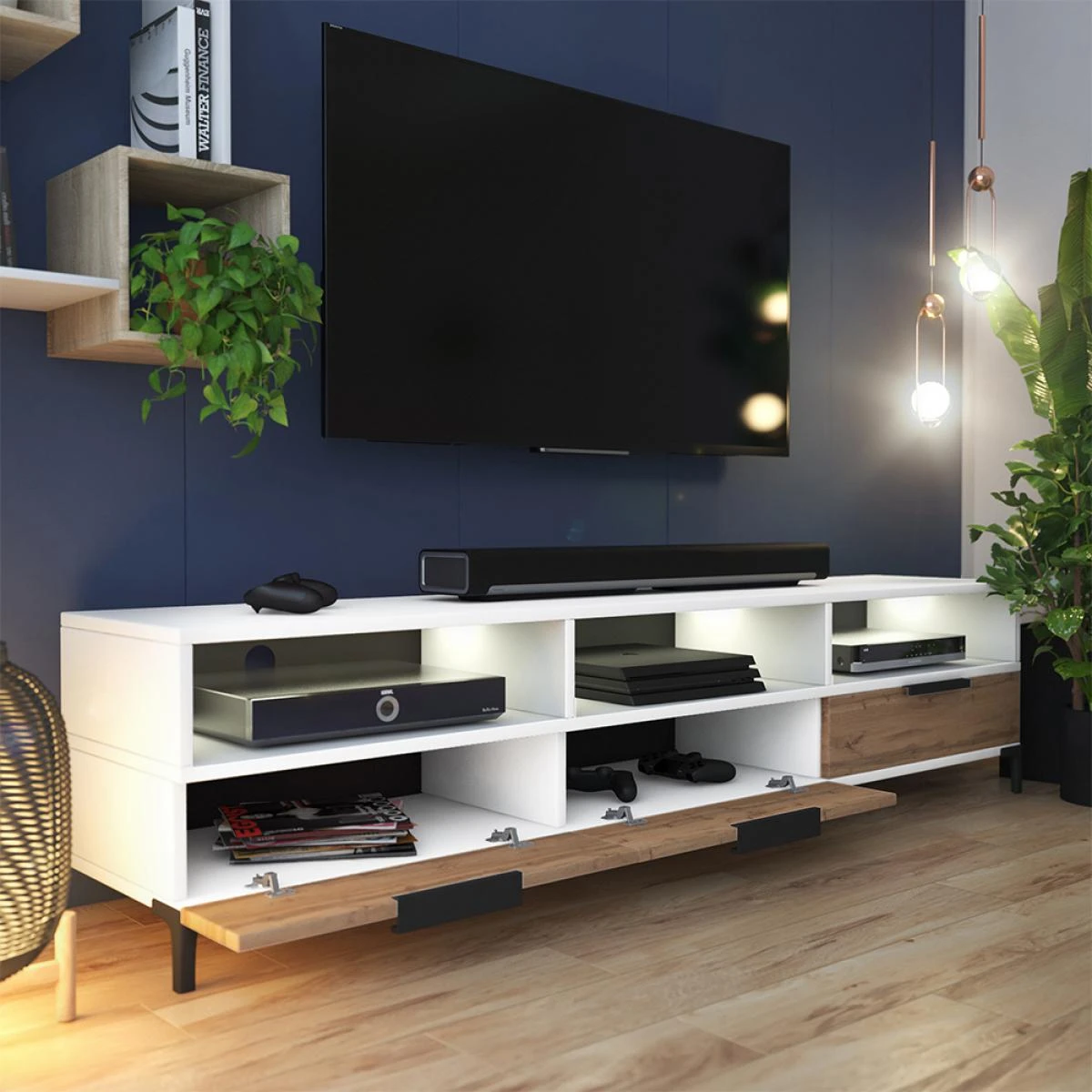 Meuble Tv - RIKKE - 160 Cm - Blanc Mat / Chêne Wotan - Avec LED à Pi... – Image 2