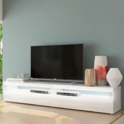 Meuble TV Salon Design 200cm 4 Compartiments 2 Portes Blanc Brillant B...