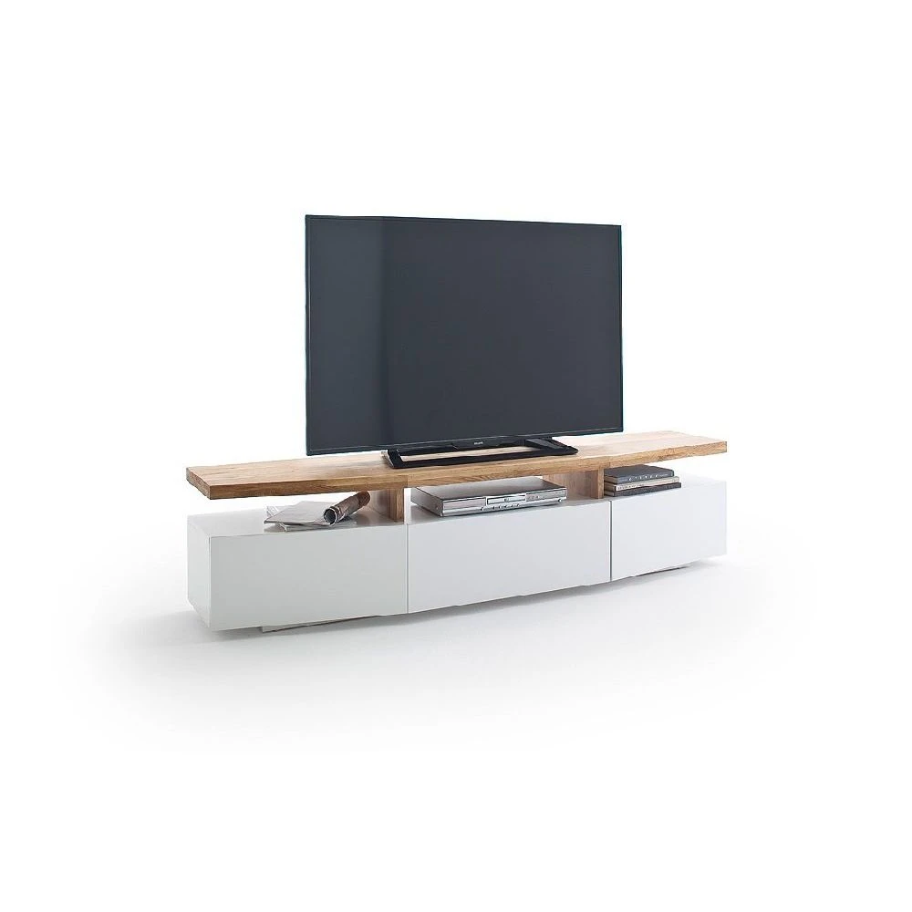 Meuble TV SIGMUND 180 Cm Laque Blanc Mat Plateau ChĂȘne Massif â Image 2
