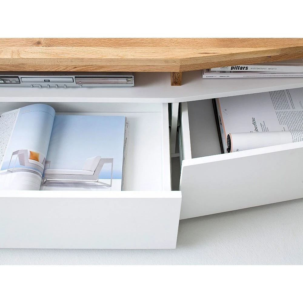 Meuble TV SIGMUND 180 Cm Laque Blanc Mat Plateau ChĂȘne Massif â Image 5