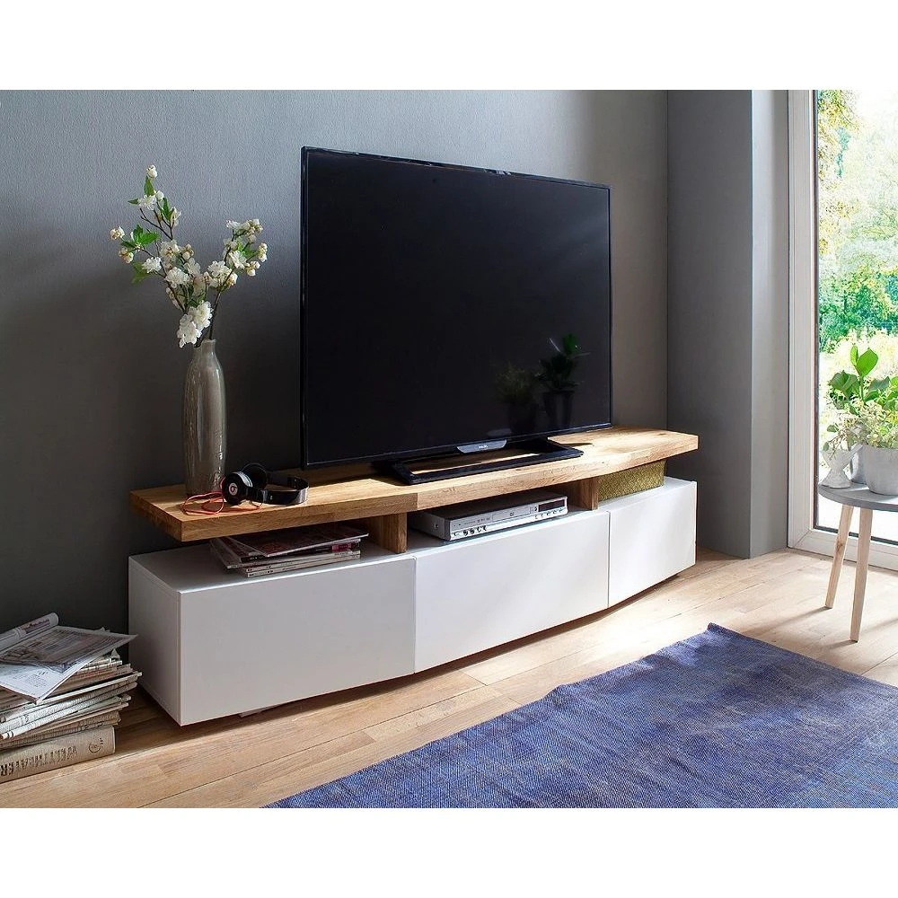 Meuble TV SIGMUND 180 Cm Laque Blanc Mat Plateau ChĂȘne Massif â Image 4