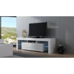 Meuble TV SPIDER à LED En Blanc MAT Avec Porte Blanc Laqué 160 Cm