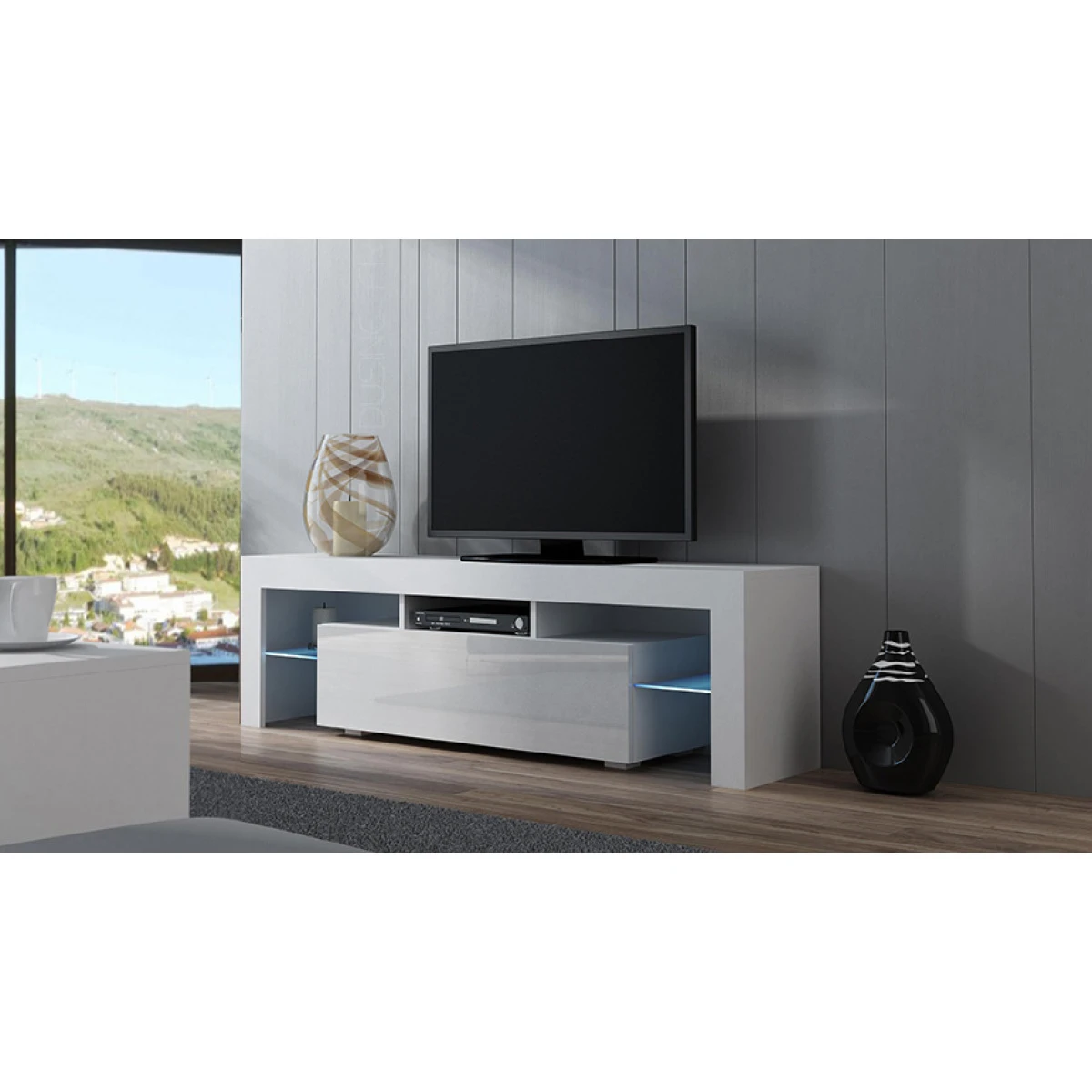 Meuble TV SPIDER à LED En Blanc MAT Avec Porte Blanc Laqué 160 Cm