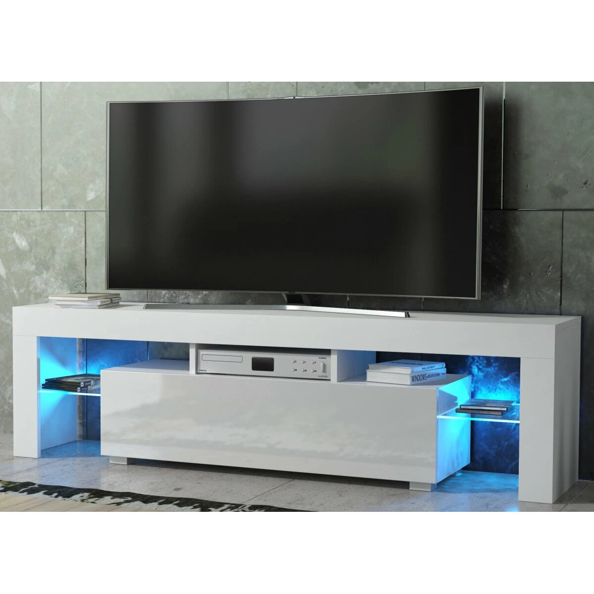 Meuble TV SPIDER à LED En Blanc MAT Avec Porte Blanc Laqué 160 Cm – Image 2