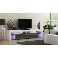 Meuble TV SPIDER BIG à LED En Blanc MAT Avec Portes Gris Laqué 200 C...