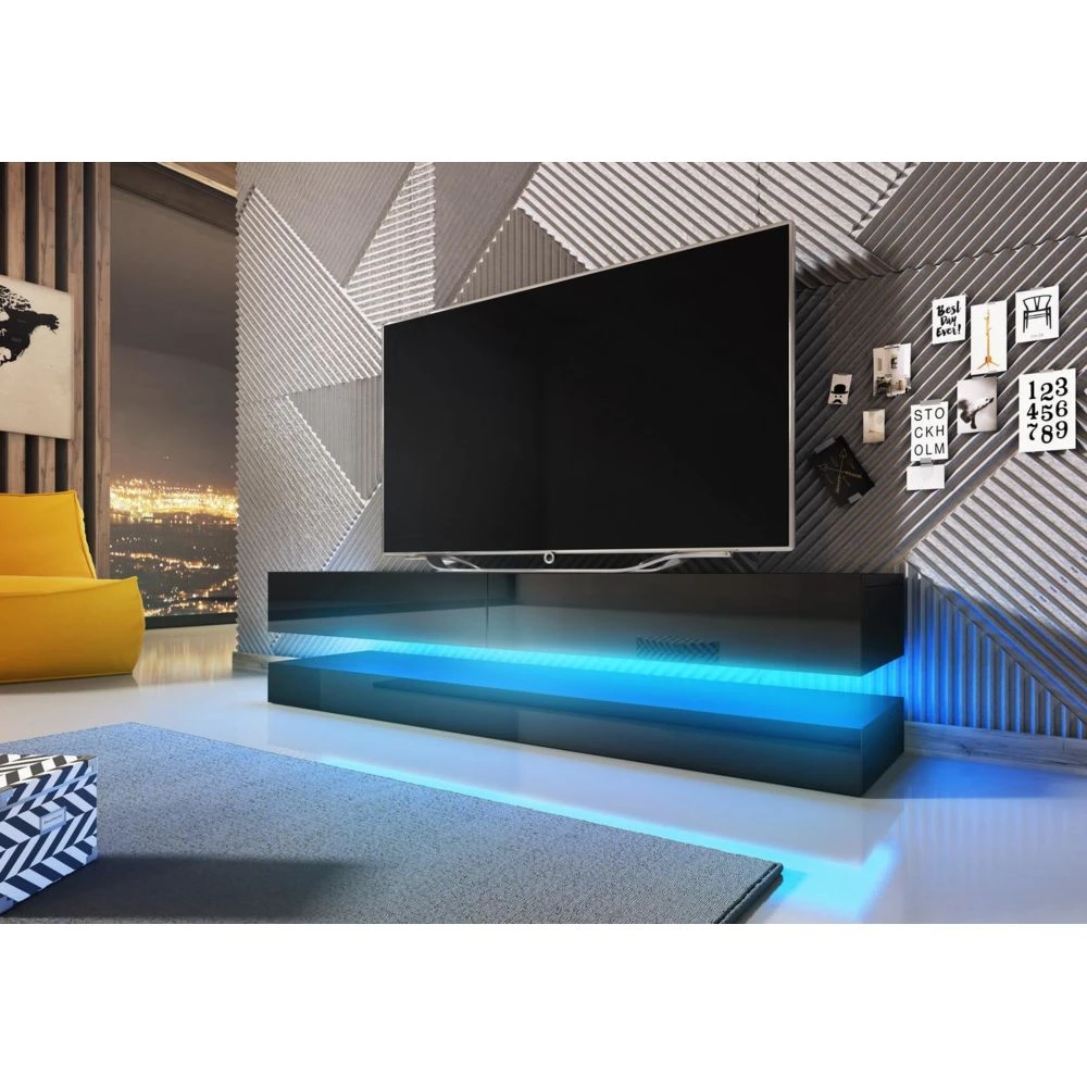 VIVALDI Meuble TV - FLY - 140 Cm - Noir/noir Brillant - Avec LED - Sty... 1 VIVALDI Meuble TV - FLY - 140 Cm - Noir/noir Brillant - Avec LED - Sty...