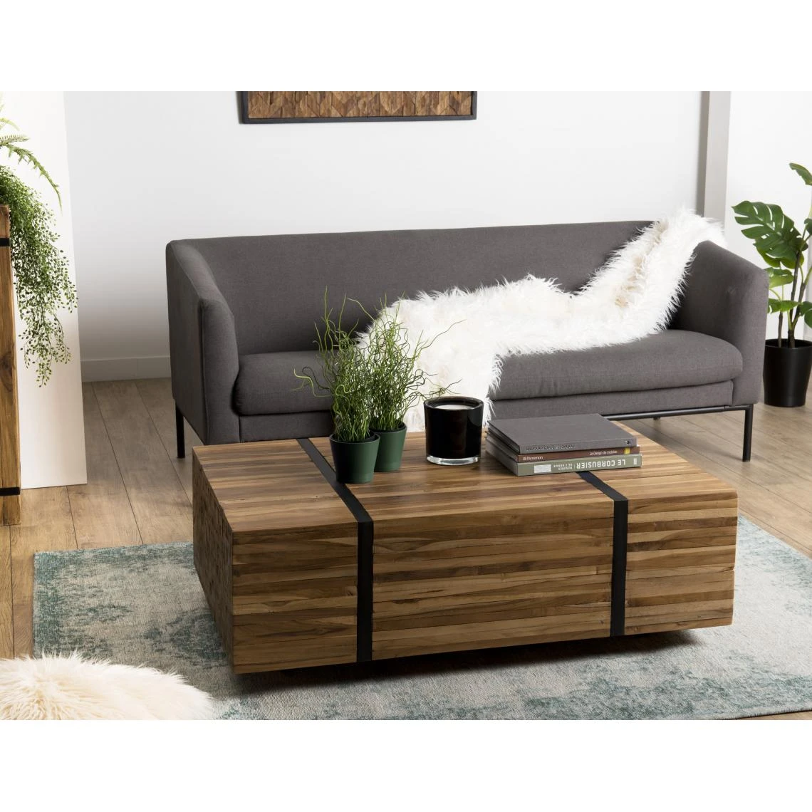 Table Basse 110x70cm Avec Roulettes Bois Teck Recyclé Cerclée Métal... – Image 5