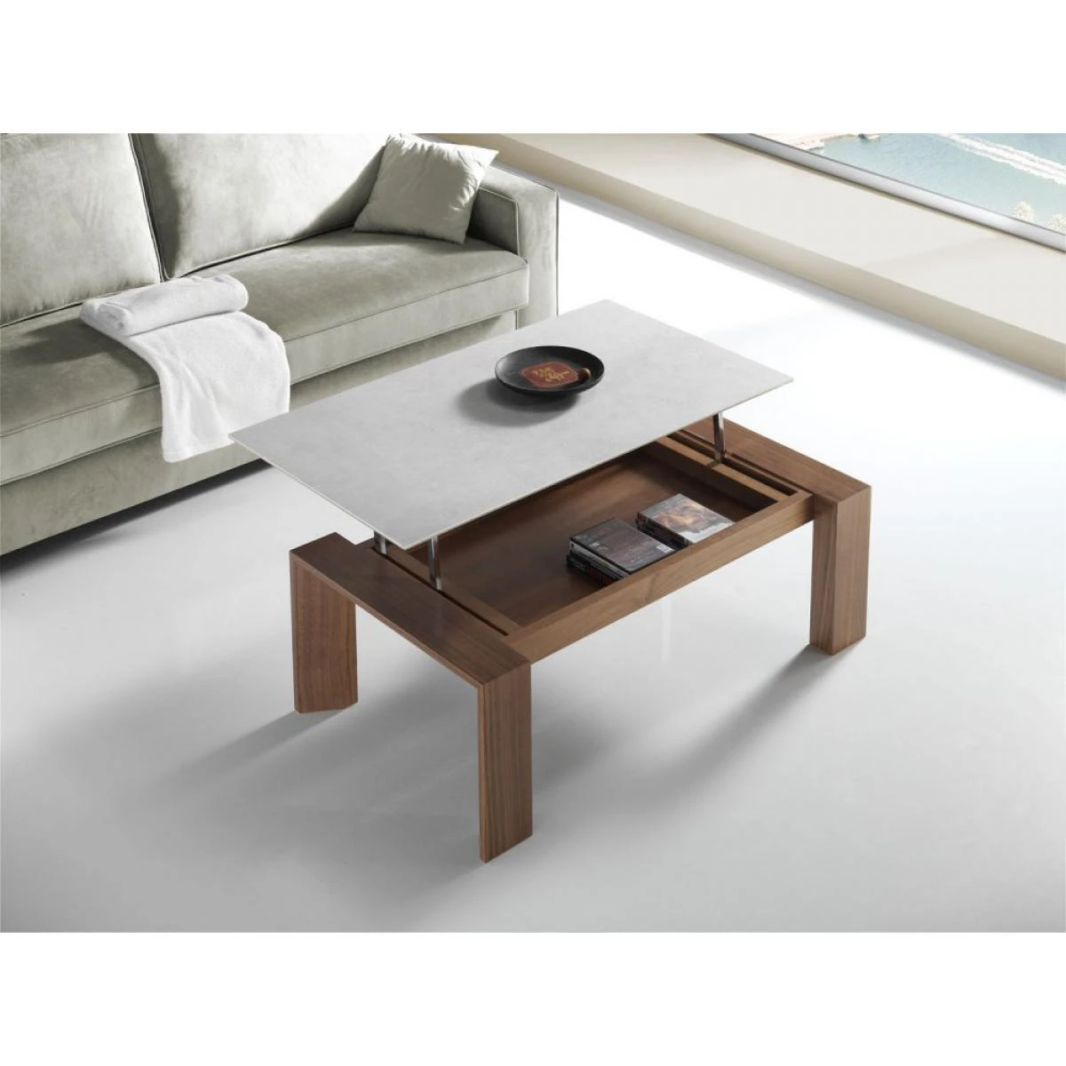 Table Basse Relevable Ovale SWANN 115x65cm Noyer Plateau CĂ©ramique Ar... â Image 3