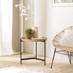 Table D’appoint Ronde 55x55 Plateau Naturel Pieds Métal Noir VICTO...