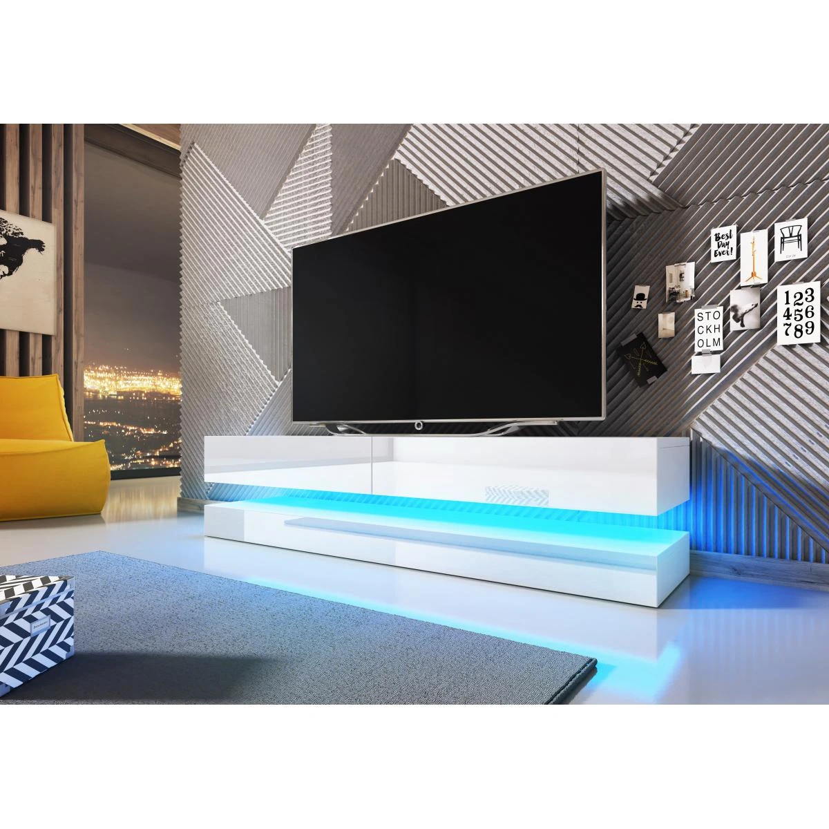 Table TV Innovante Et Moderne Sajna Avec éclairage LED, 140cm, Blanc ...