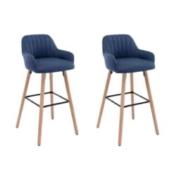 Lot De 2 Tabourets De Bar En Tissu Et Pieds Bois De HĂŞtre - Bleu - EL...