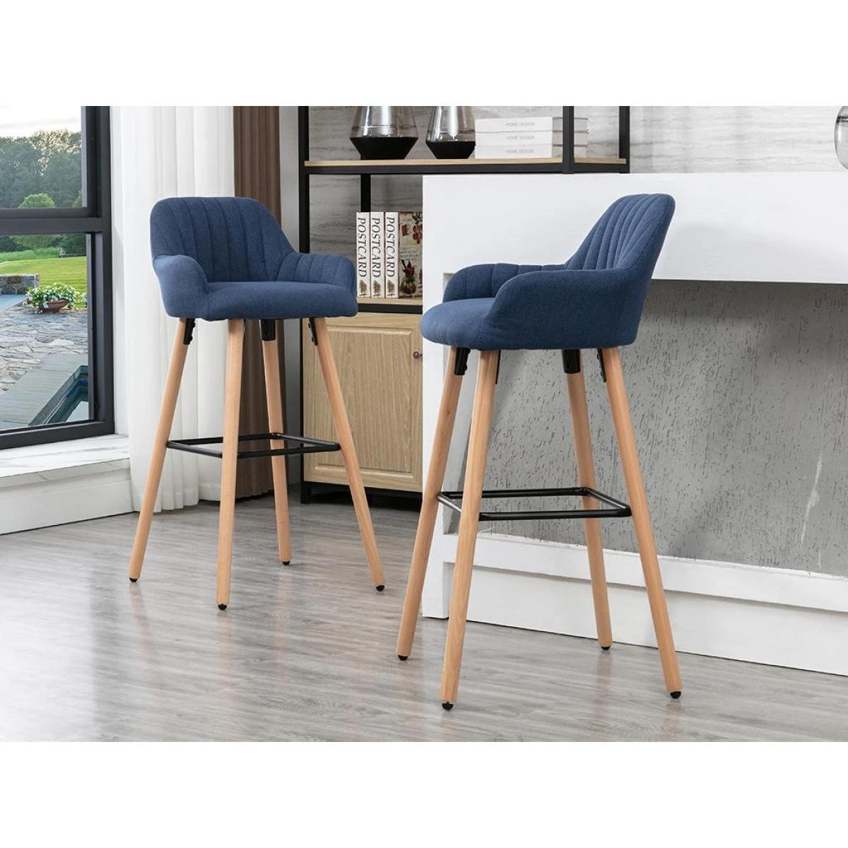 Lot De 2 Tabourets De Bar En Tissu Et Pieds Bois De HĂȘtre - Bleu - EL... â Image 2