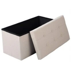 Tabouret En Lin Coffre De Rangement Couvercle Amovible Blanc Crème 19...