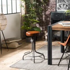 Tabouret Industriel ROBIN Cuir Hauteur Ajustable Pieds Métal