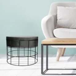 Tabouret Pouf Ottomane Repose-pieds Rond En Velour Gris Foncé Et Mét...