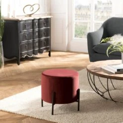 Tabouret Rond 40X40Cm Tissu Velours AGATHE Bordeaux Pieds Métal