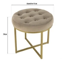 Tabouret Rond 41x41cm Velours Taupe Avec Boutons Pieds Croisés Métal...