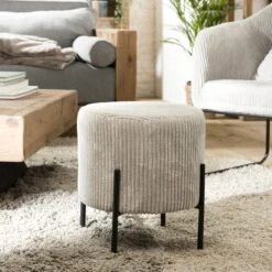 Tabouret Rond ALBANE Velours Cotelé Gris Perle Pieds Métal