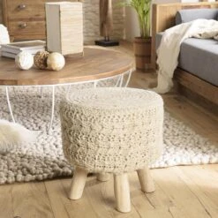 Tabouret Rond CHARLES Bois Et Laine Ivoire