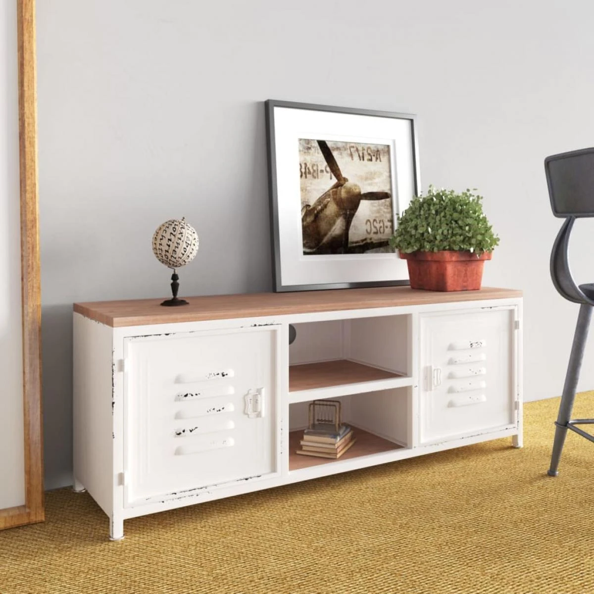 VidaXL Meuble TV Blanc 110x30x40 Cm Fer Et Bois De Sapin Massif 1 VidaXL Meuble TV Blanc 110x30x40 Cm Fer Et Bois De Sapin Massif