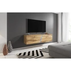 VIVALDI Meuble TV - SLANT - 160 Cm - Chêne Wotan - Avec LED - Style M...