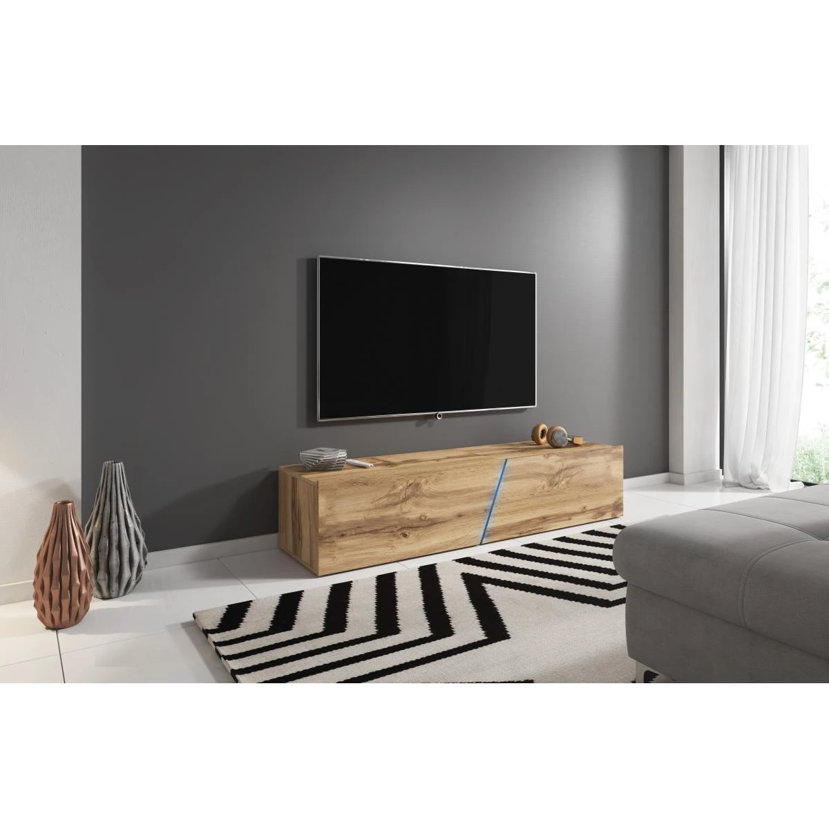 VIVALDI Meuble TV - SLANT - 160 Cm - ChĂȘne Wotan - Avec LED - Style M... â Image 2